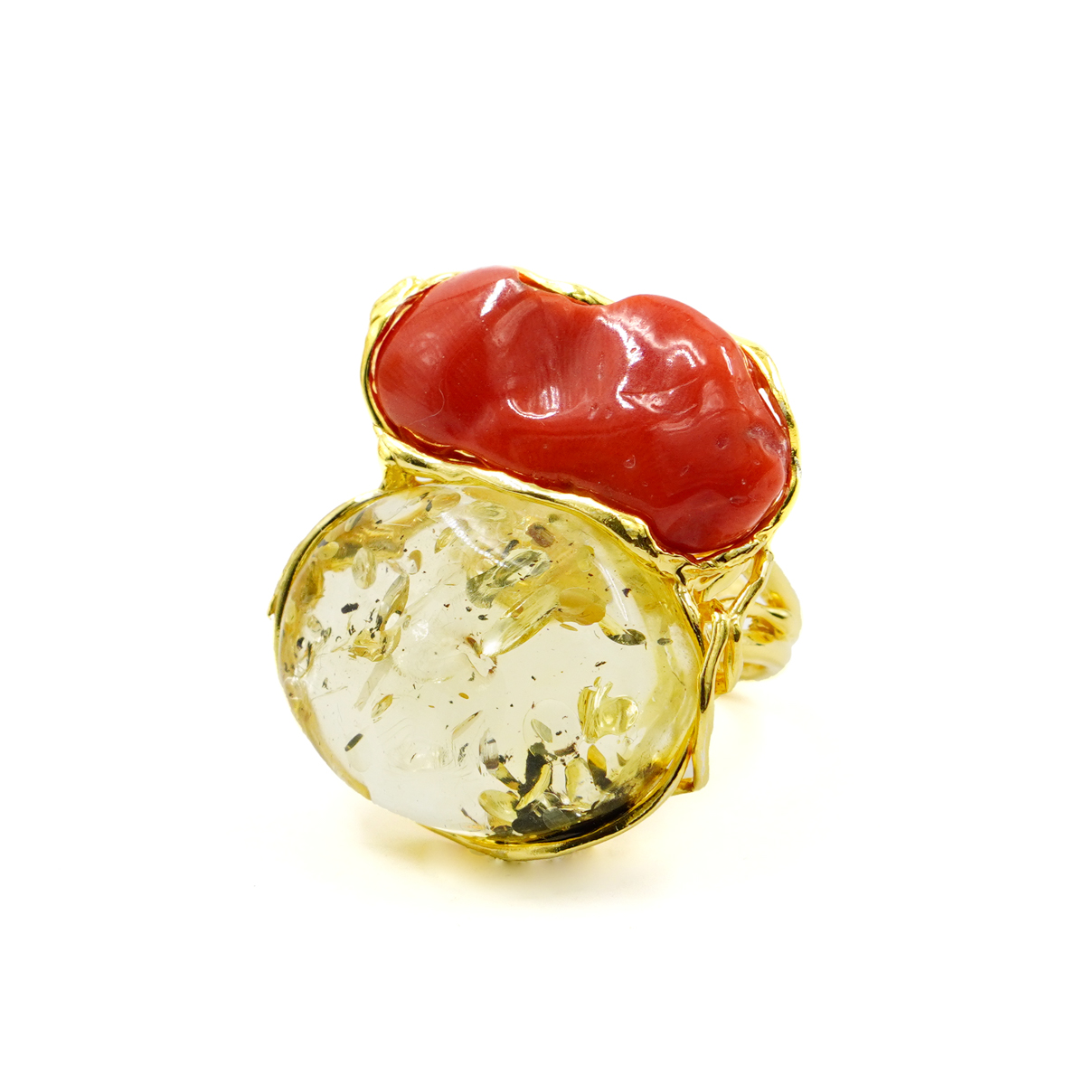 Anello Argento con Corallo, Ambra – Dorato - immagine 2