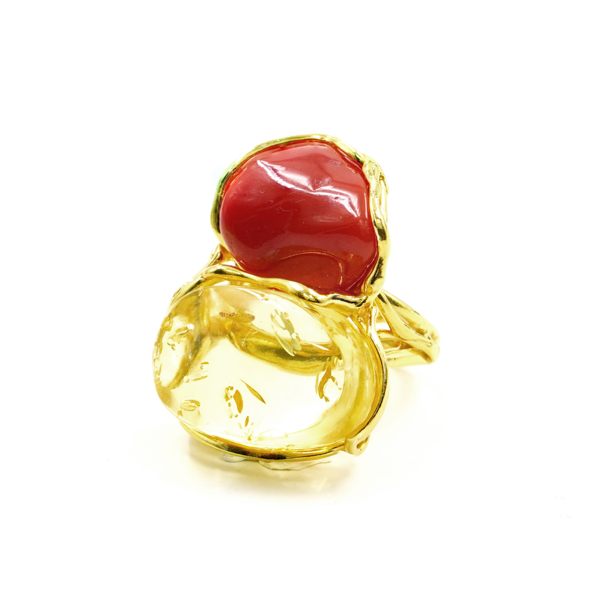 Anello Argento con Corallo, Ambra – Dorato - immagine 3