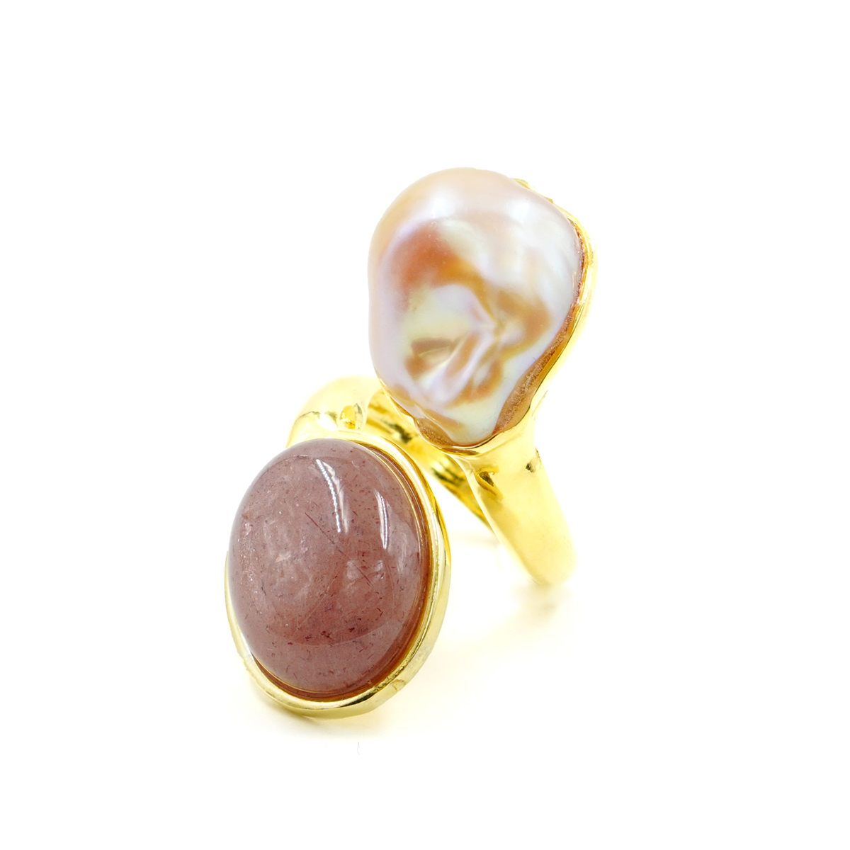 Anello Argento con perla, pietra di Luna - Dorato
