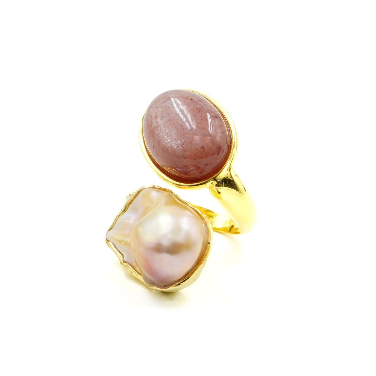 Anello Argento con perla, pietra di Luna - Dorato - immagine 2