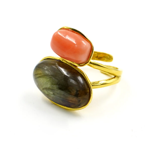Anello Argento con Corallo, labradorite - Dorato