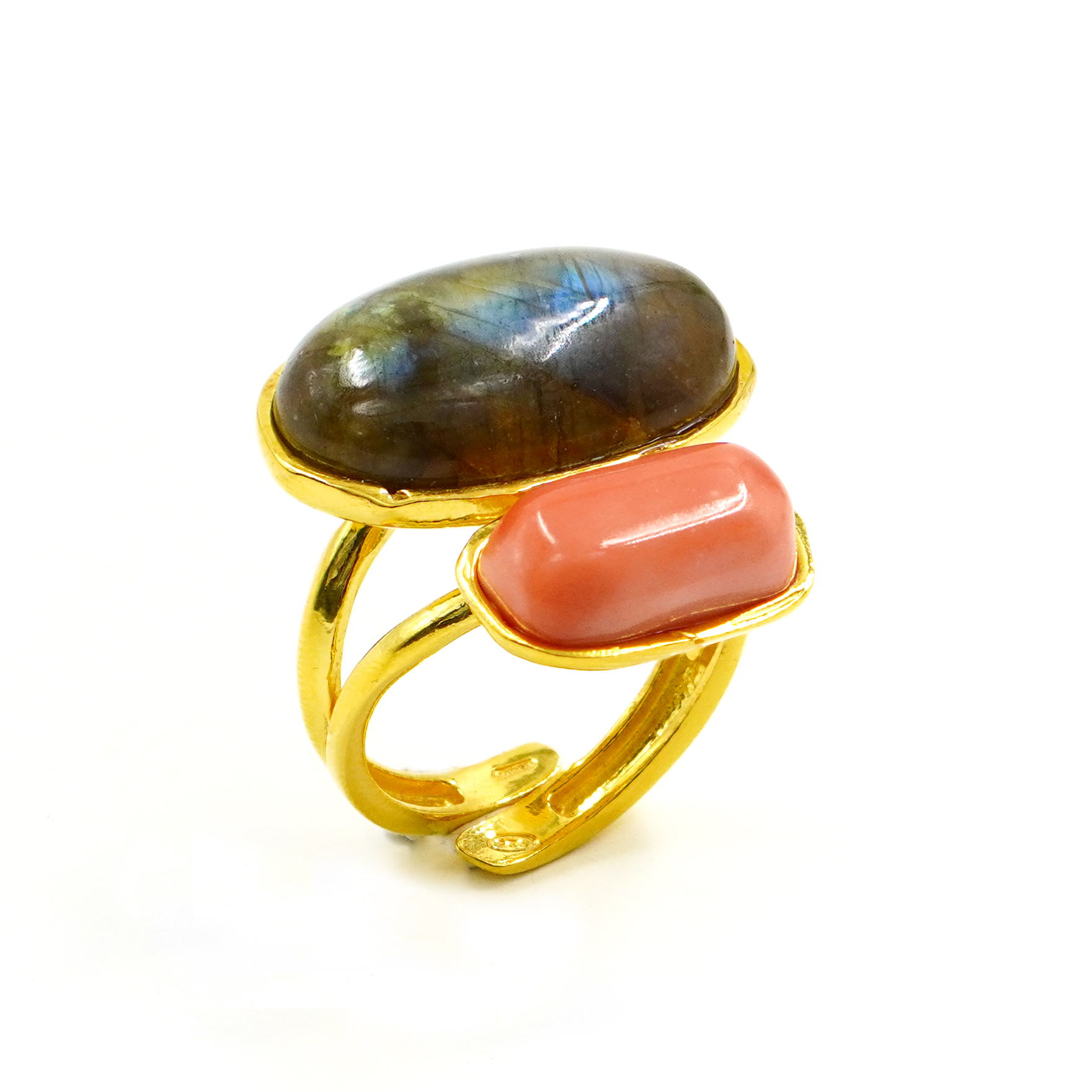 Anello Argento con Corallo, labradorite - Dorato - immagine 3