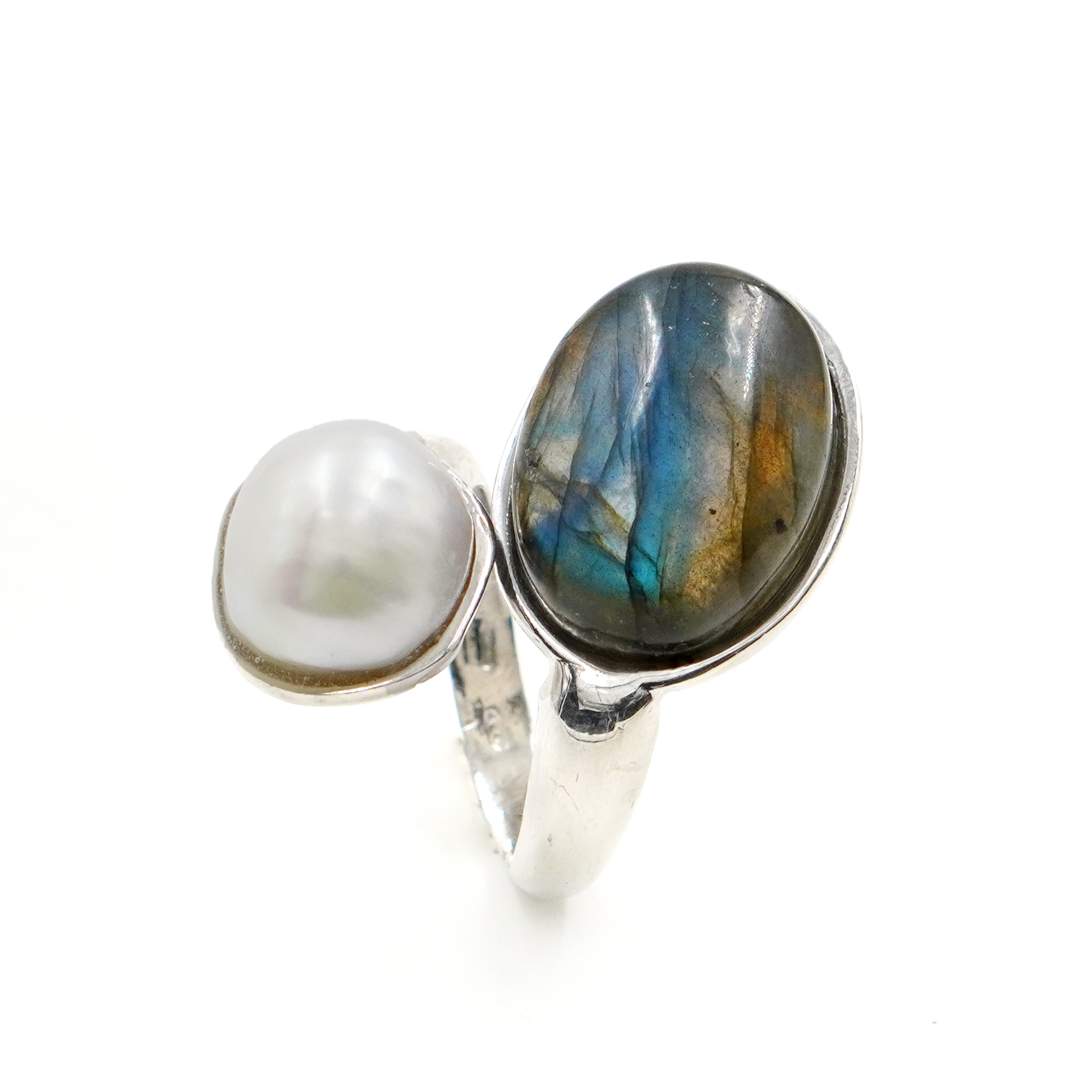 Anello Argento con perla, labradorite - Rodiato