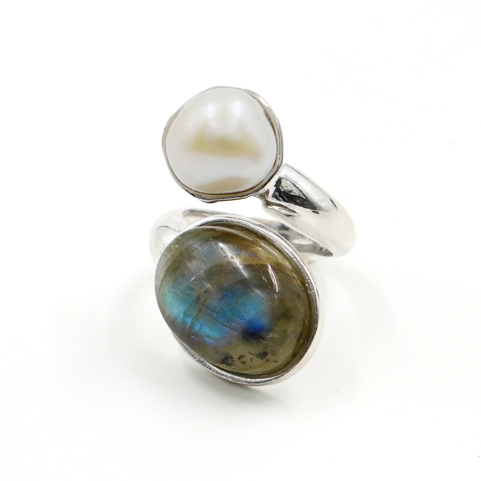 Anello Argento con perla, labradorite - Rodiato - immagine 2