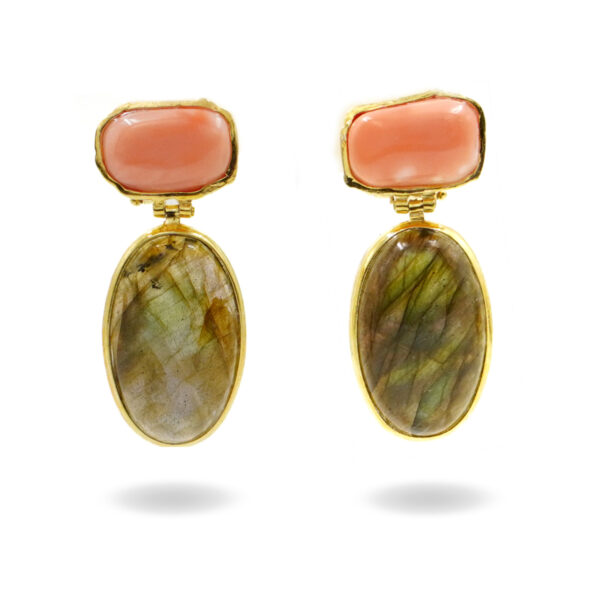 Orecchini Argento con Corallo, labradorite - Dorato