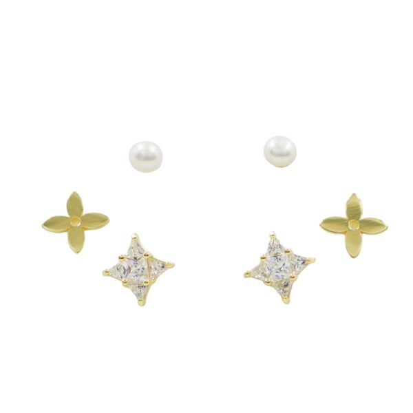 Set Orecchini Argento perle, fiori con zirconi – Dorato