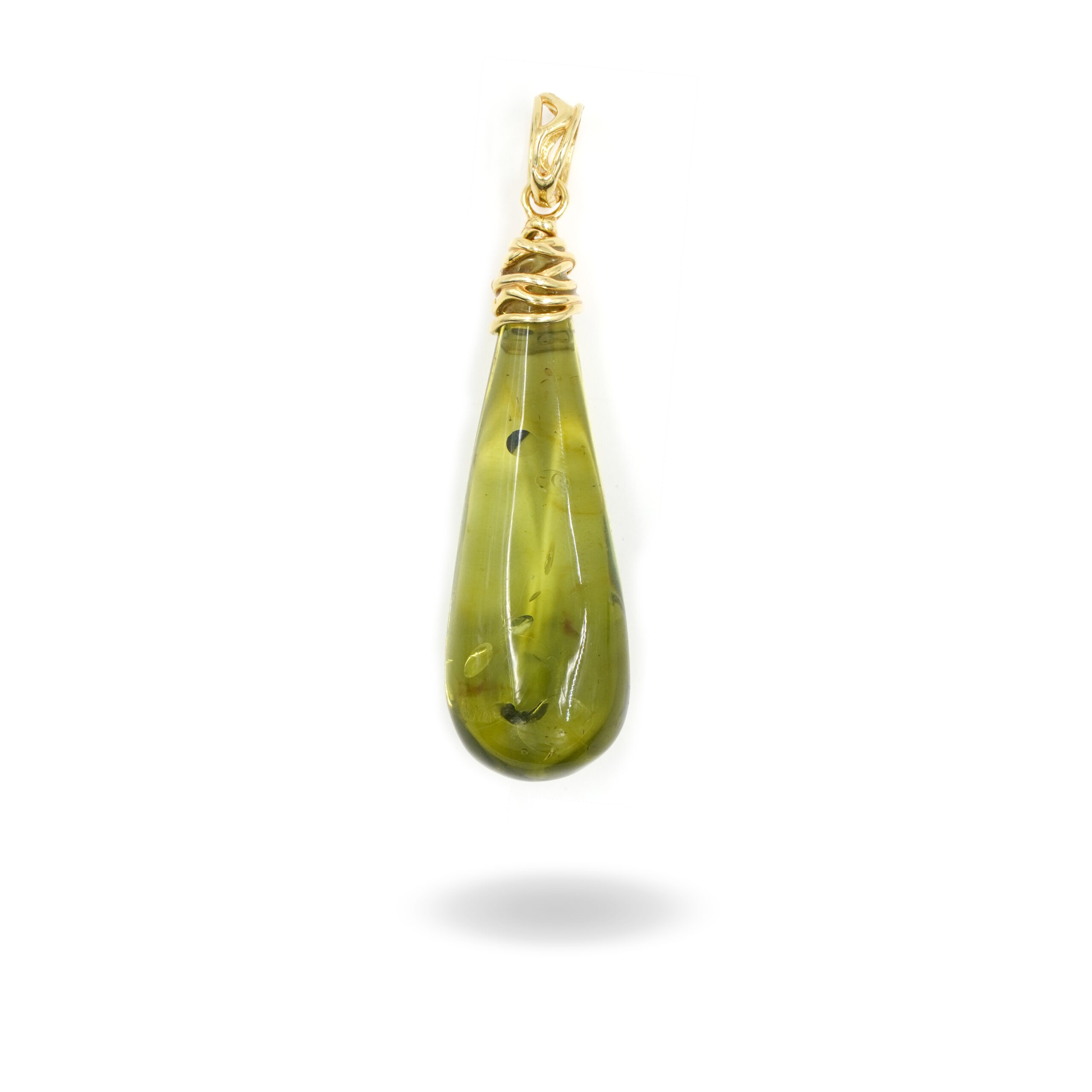 Pendente Argento con Goccia Ambra Verde - Dorato