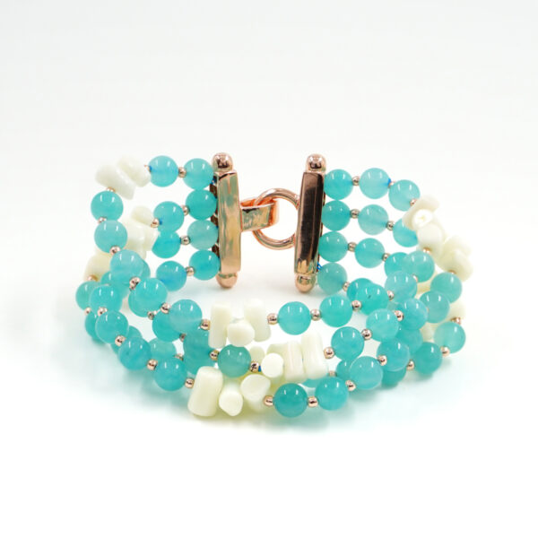 Bracciale in amazzonite, corallo, chiusura argento rosè