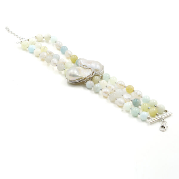 Bracciale in acquamarina, perla, chiusura argento rodiato