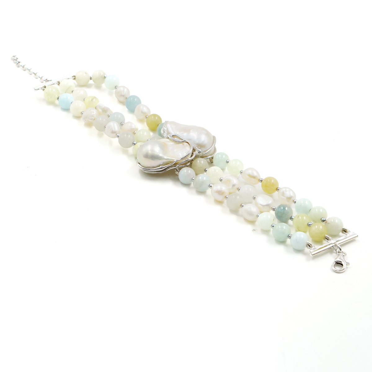 Bracciale in acquamarina, perla, chiusura argento rodiato