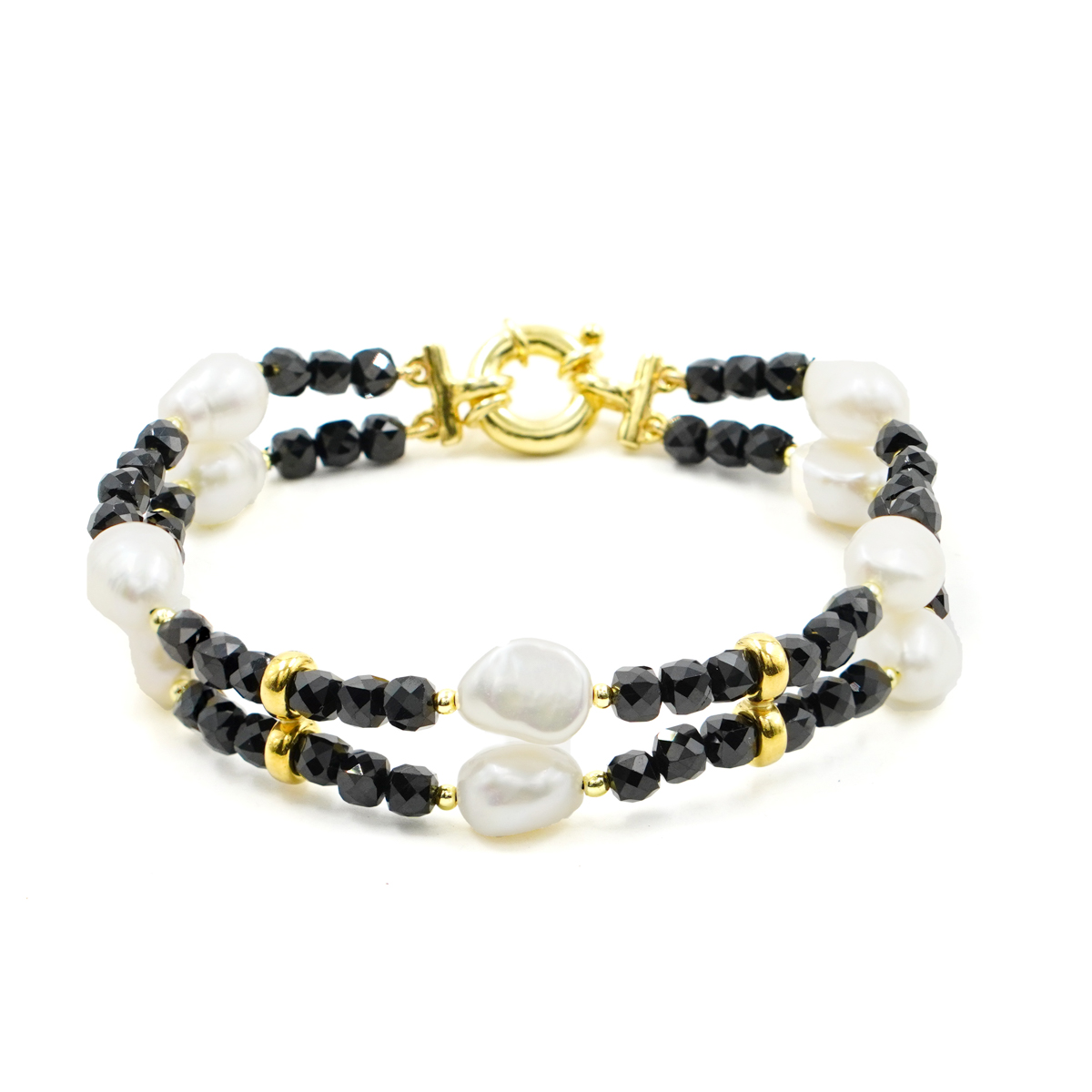 Bracciale in spinello, perle, chiusura argento dorata