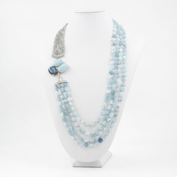 Collana in acquamarina, labradorite, chiusura argento platinato