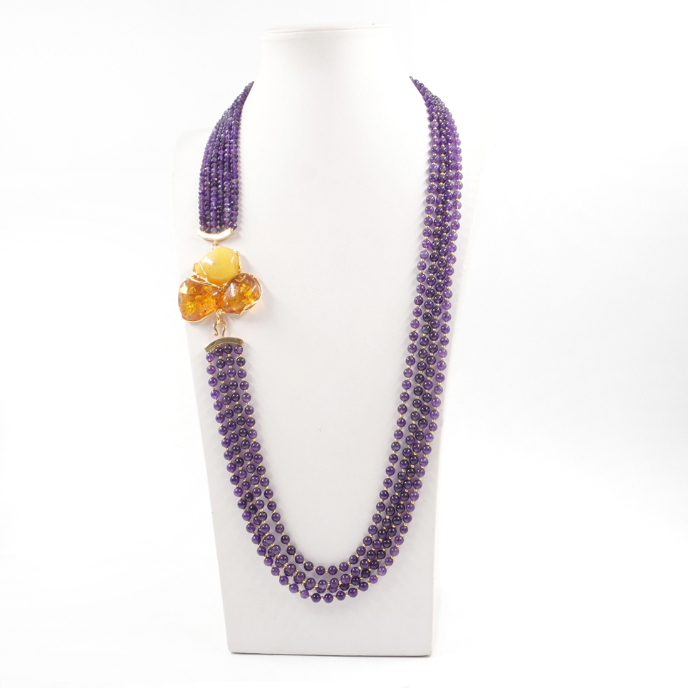Collana in ametista, ambra, chiusura argento dorato