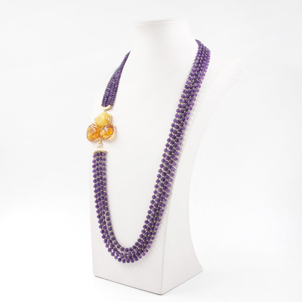 Collana in ametista, ambra, chiusura argento dorato - immagine 2