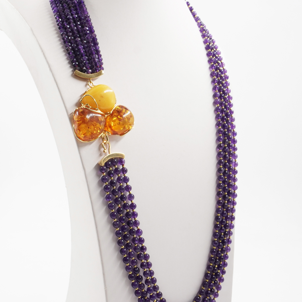 Collana in ametista, ambra, chiusura argento dorato - immagine 3