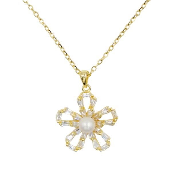 Collana Argento fiore con zirconi e perla - Dorato