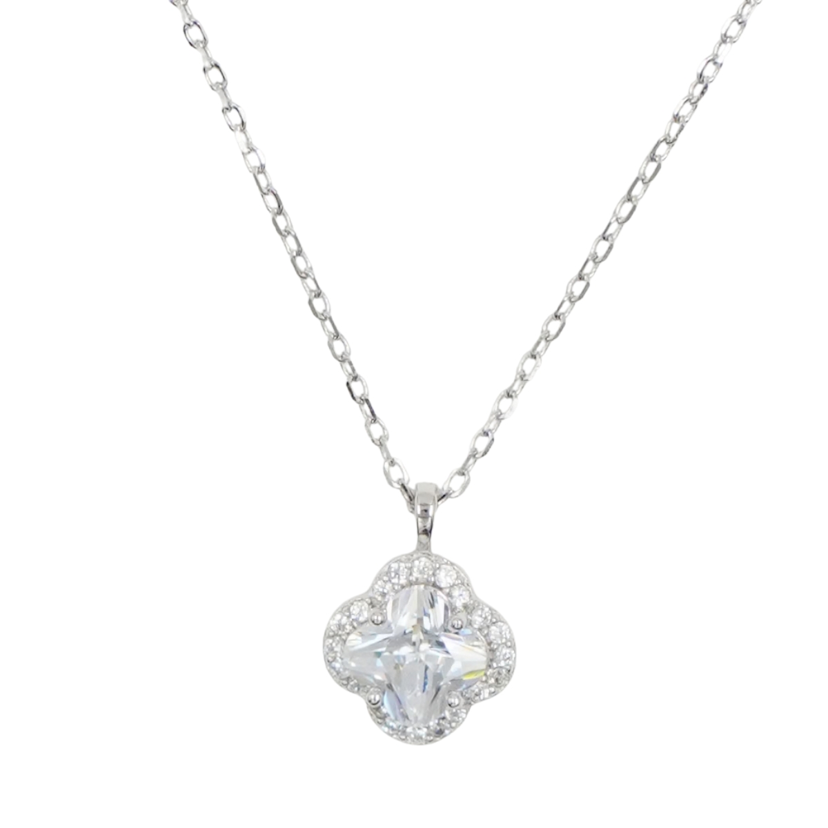 Collana Argento quadrifoglio con zirconi - Rodiato