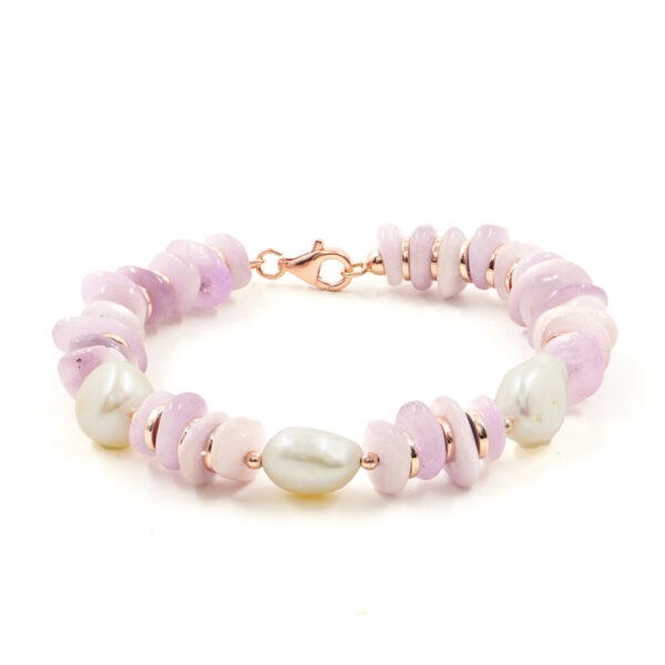 Bracelet with kunzite, fresh water pearl, hematite, sterling silver clasp – Rose Color