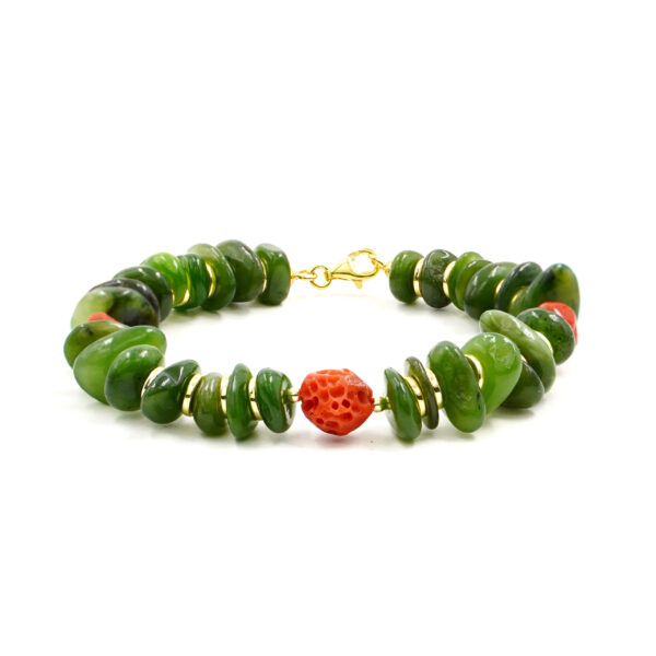Bracciale giada, corallo, chiusura argento