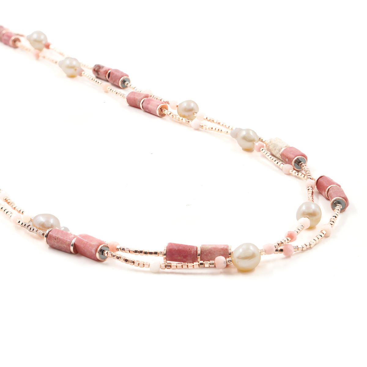 Collana ematite, rodocrosite, perla, chiusura argento