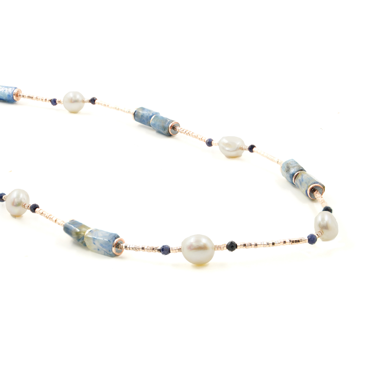 Collana ematite, cianite, perla, chiusura argento