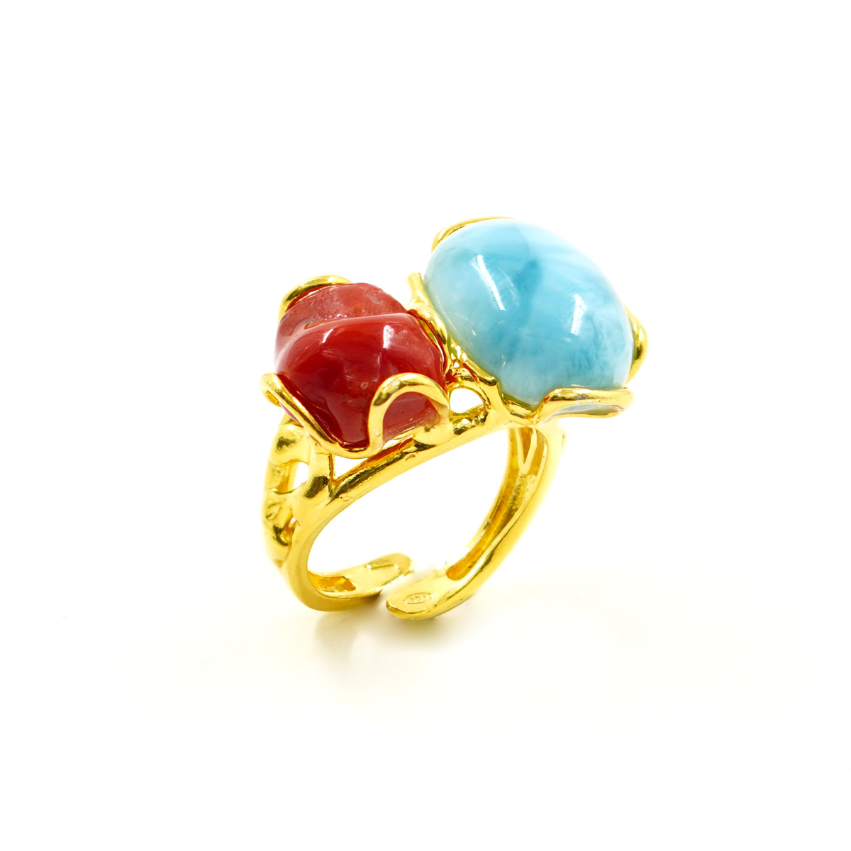 Anello Argento con corallo, larimar – Dorato