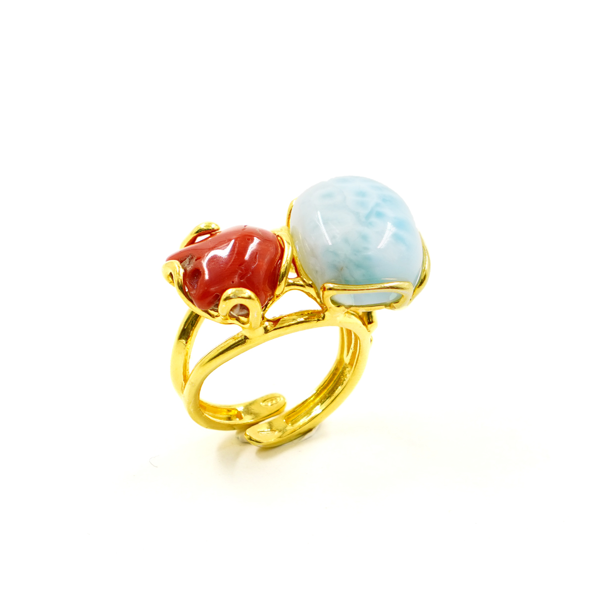 Anello Argento con corallo, larimar – Dorato - immagine 2