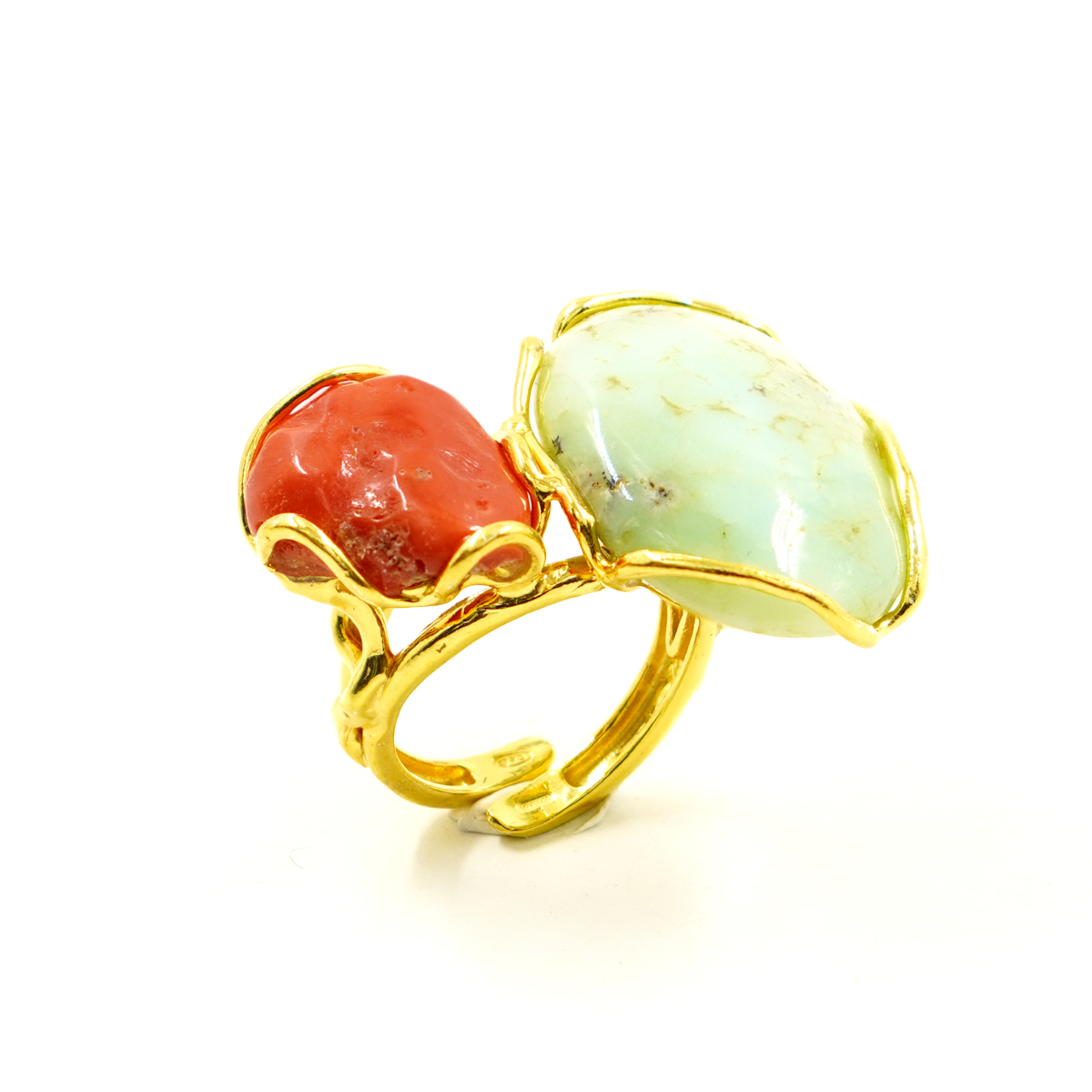 Anello Argento con corallo, crisoprasio – Dorato