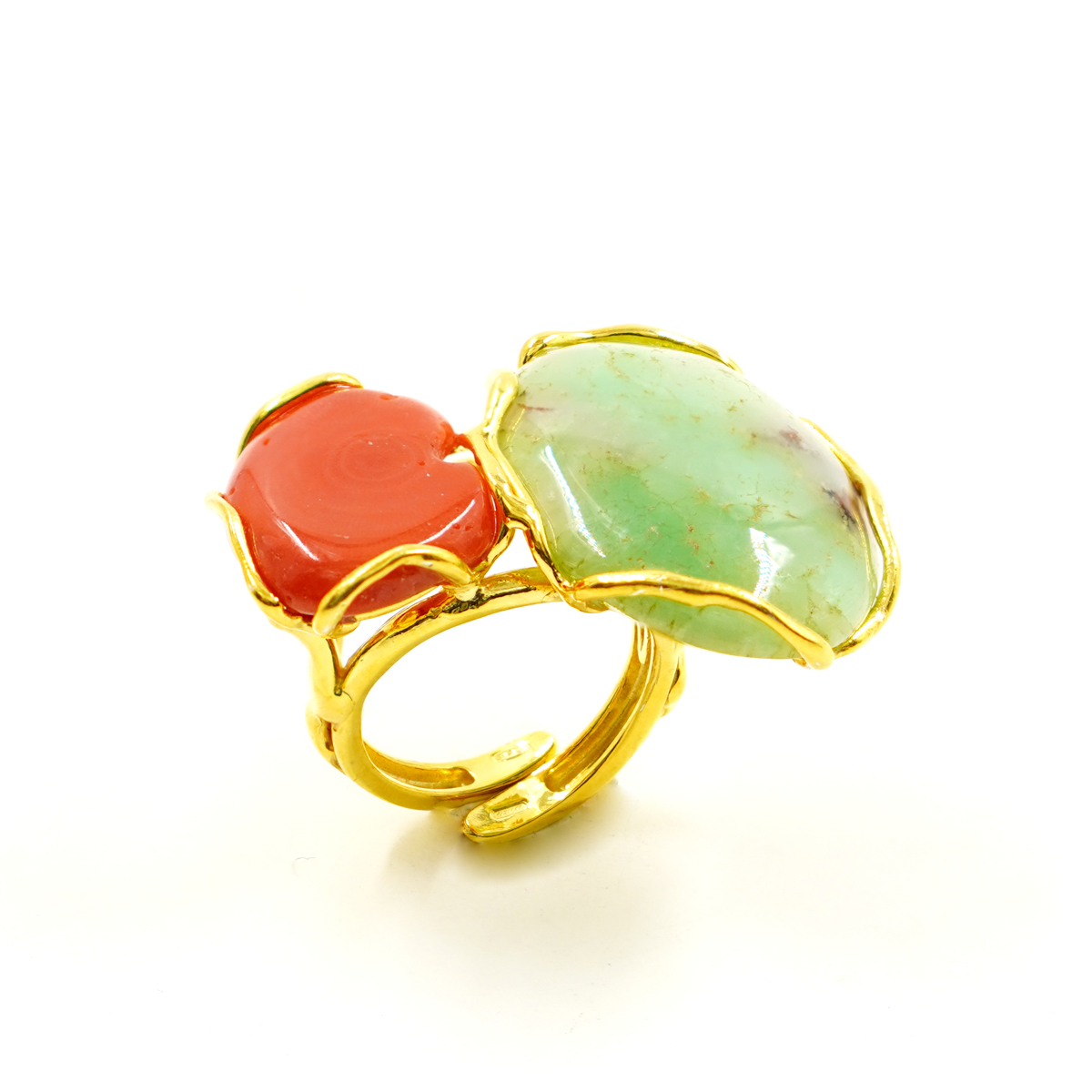 Anello Argento con corallo, crisoprasio – Dorato - immagine 2