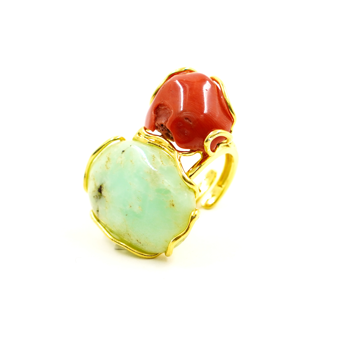 Anello Argento con corallo, crisoprasio – Dorato - immagine 3