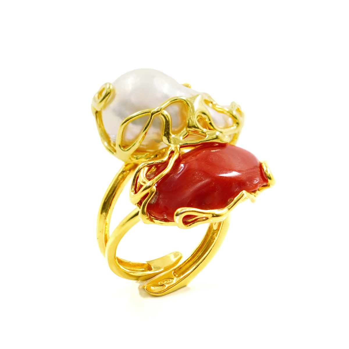 Anello Argento con corallo, perla - Dorato