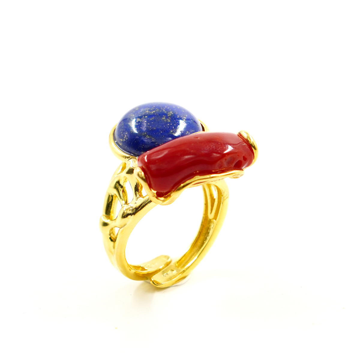 Anello argento corallo, lapis – Dorato