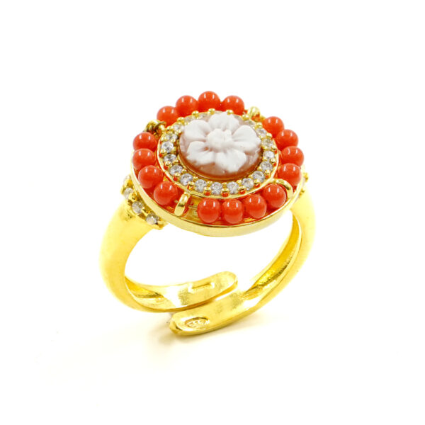 Anello Argento corallo, cammeo - Dorato