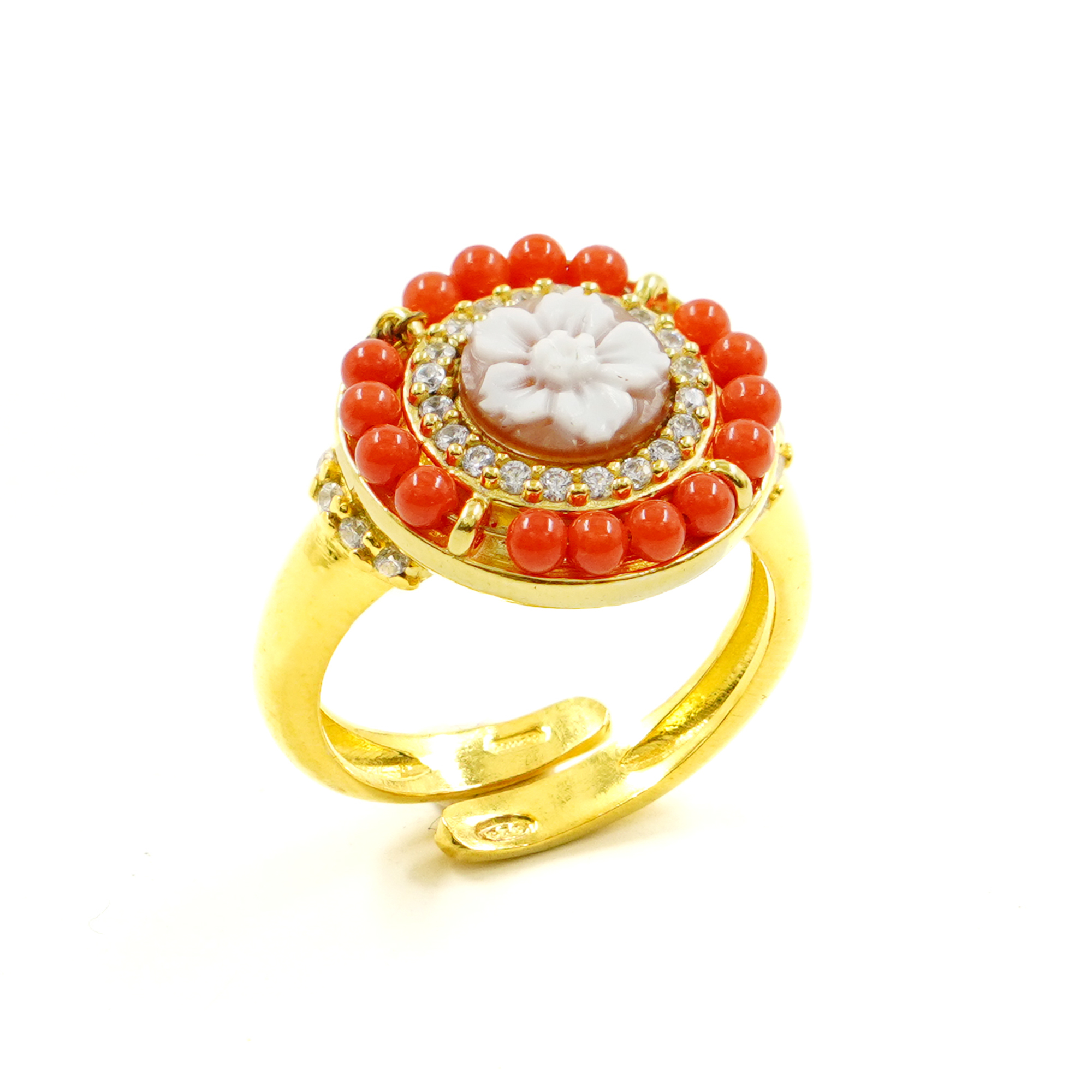 Anello Argento corallo, cammeo - Dorato
