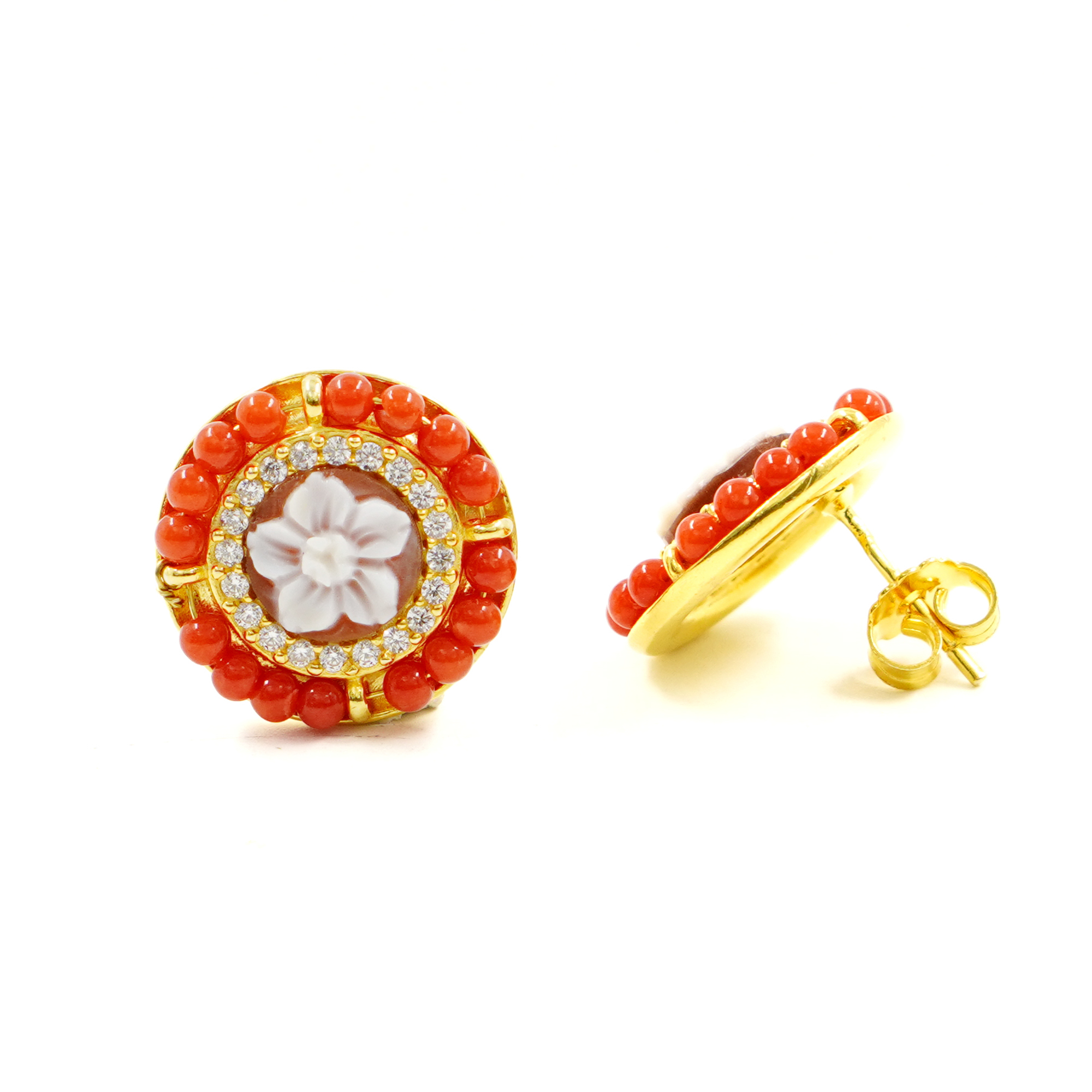 Orecchini Argento corallo, cammeo - Dorato