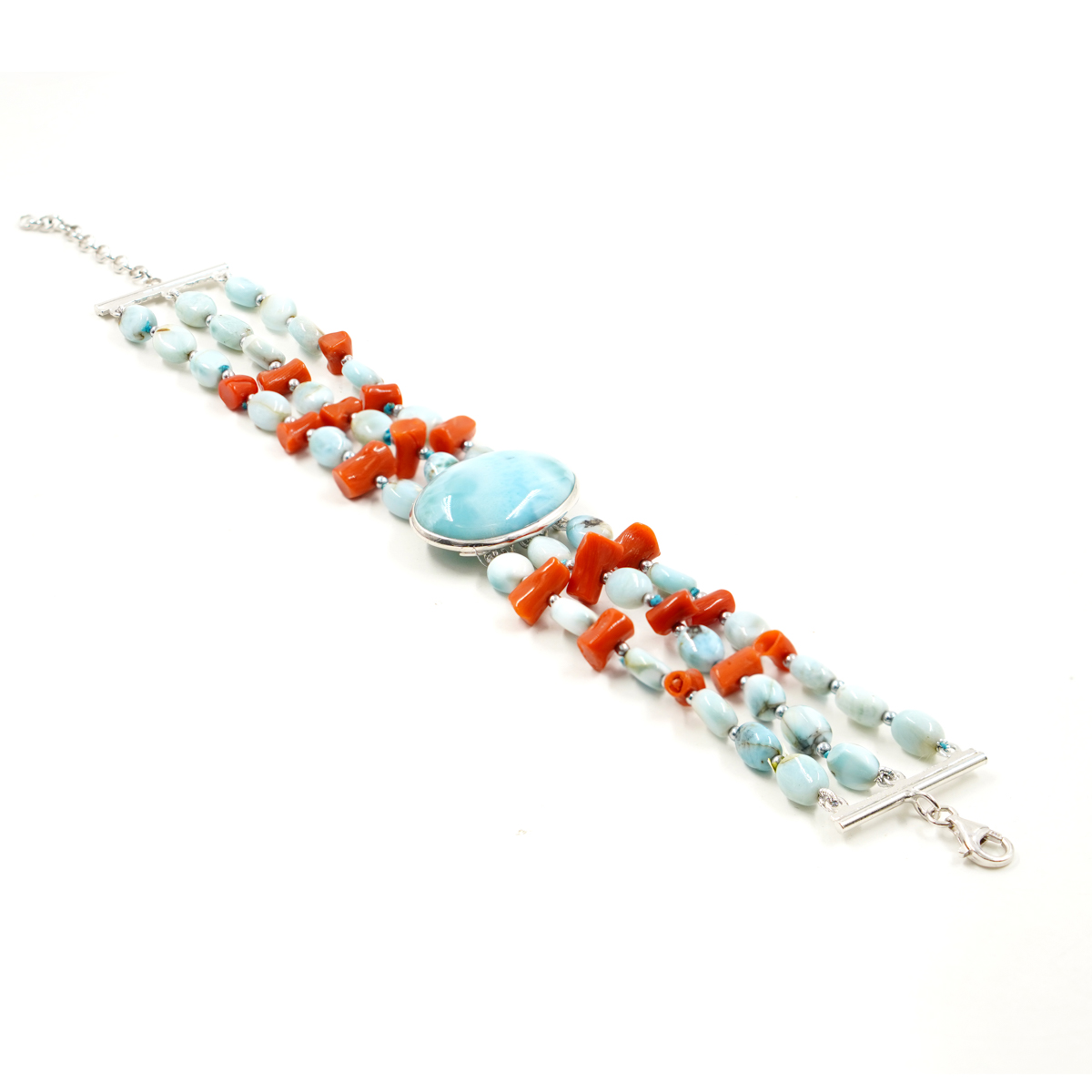 Bracciale larimar, corallo, chiusura argento