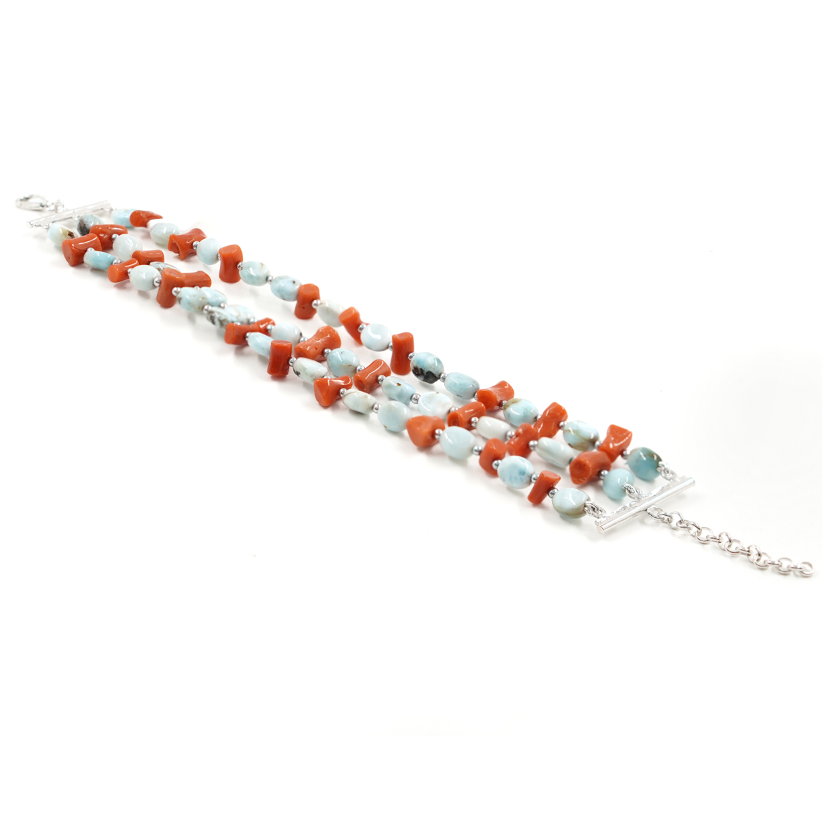 Bracciale larimar, corallo, chiusura argento