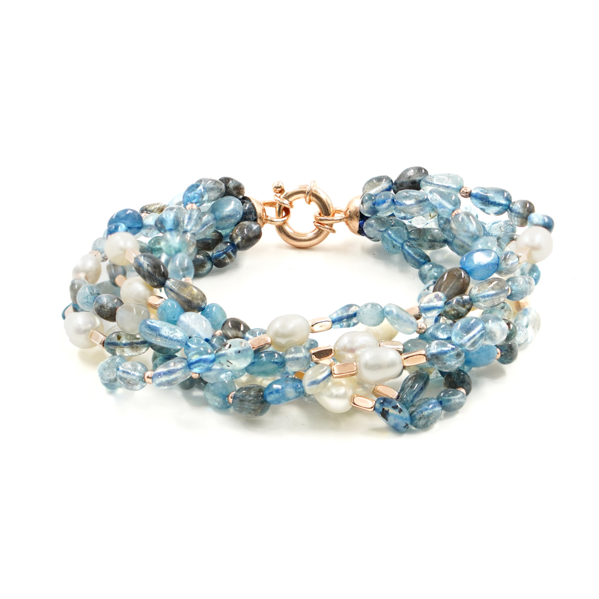 Bracciale acquamarina, perla, chiusura argento