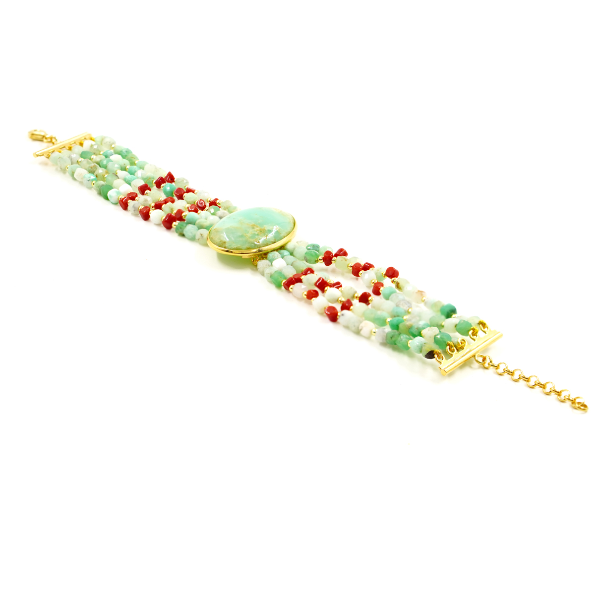 Bracciale crisoprasio, corallo, chiusura argento