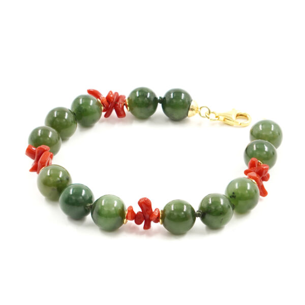 Bracciale giada, corallo, chiusura argento