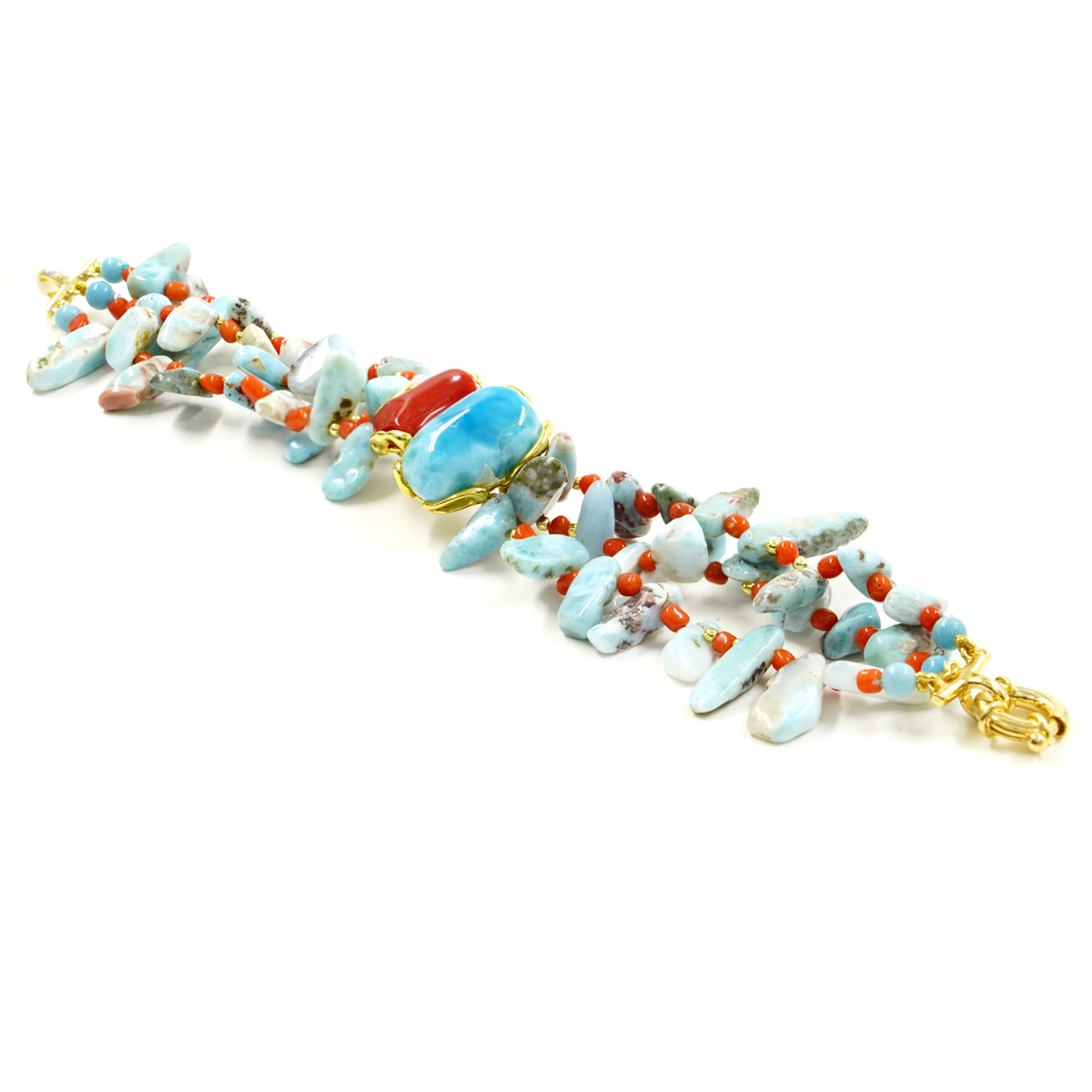 Bracciale larimar, corallo, chiusura argento