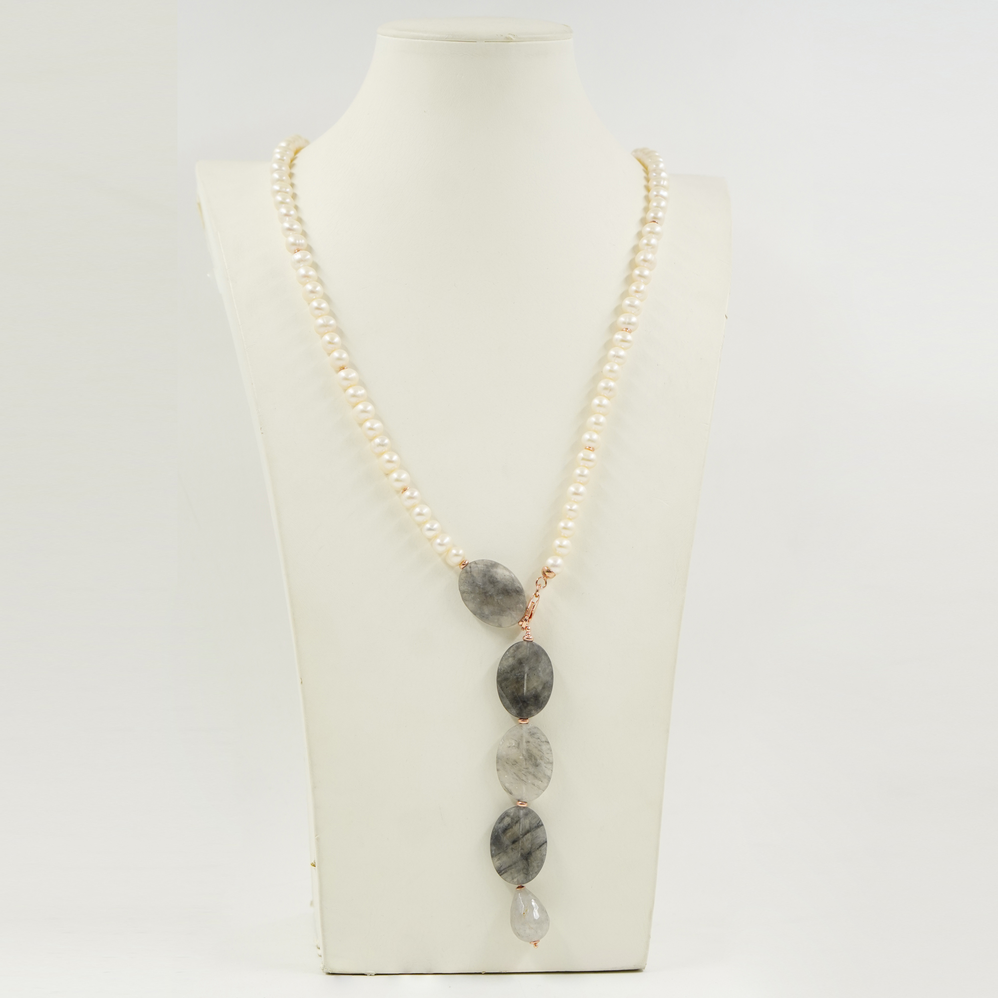 Collana perle, quarzo grigio, chiusura argento