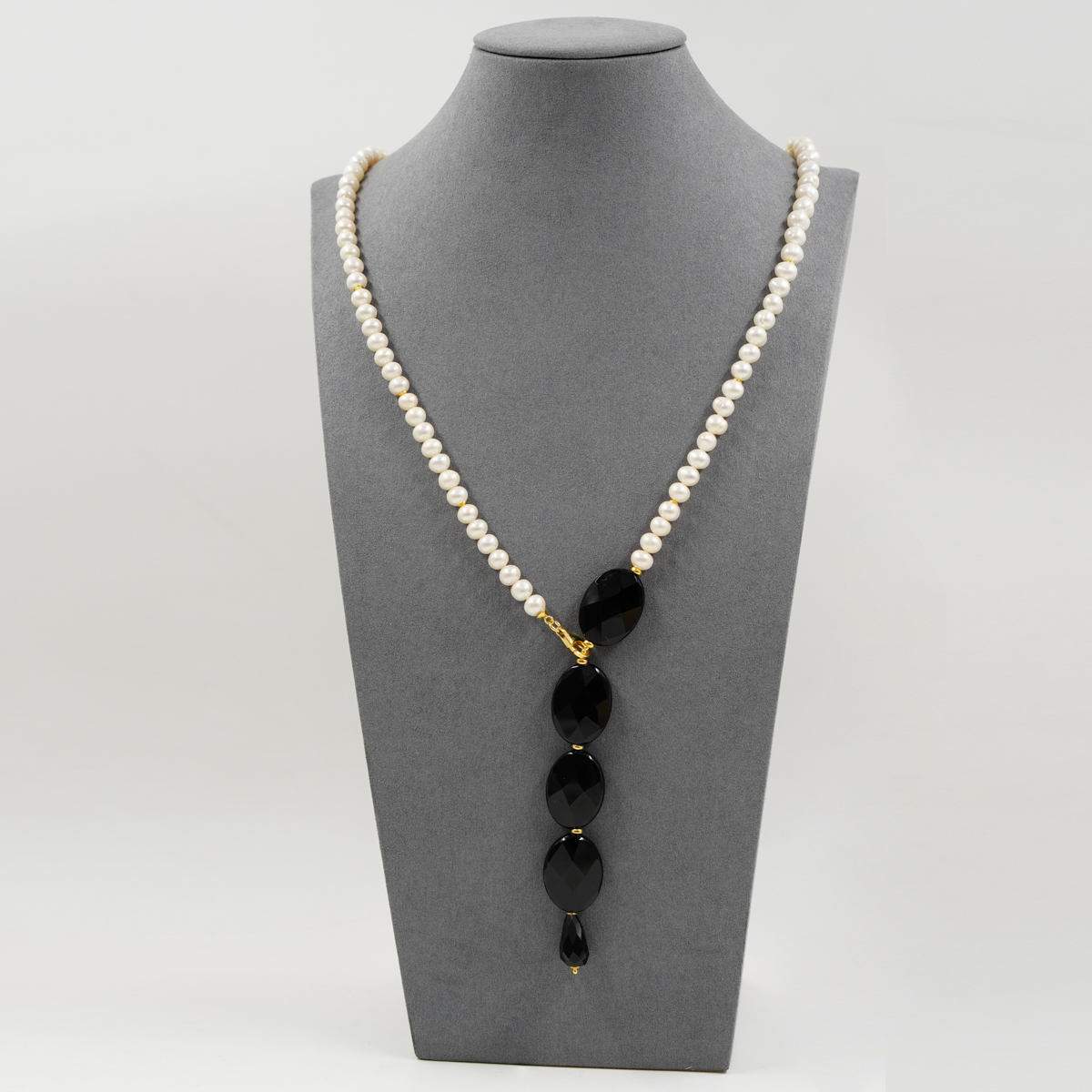 Collana perle, agata nera, chiusura argento