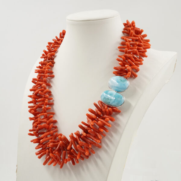 Collana corallo, larimar, chiusura argento