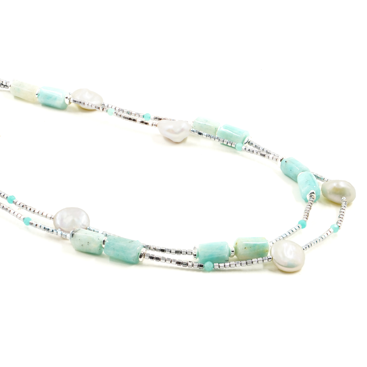 Collana ematite, amazzonite, perla
