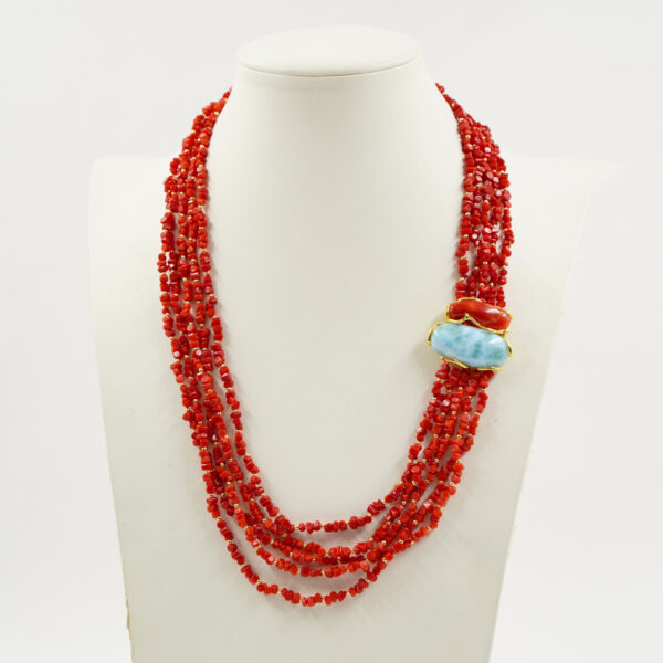 Collana corallo, larimar, chiusura argento