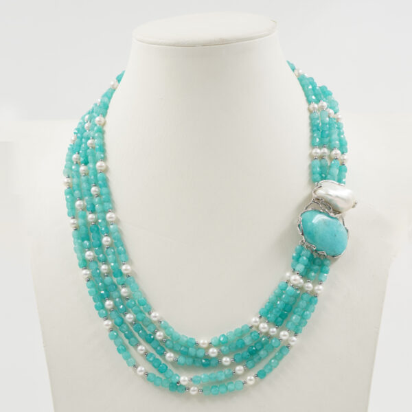 Collana amazzonite, perle, chiusura argento