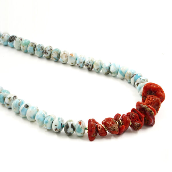 Collana larimar, corallo chiusura argento