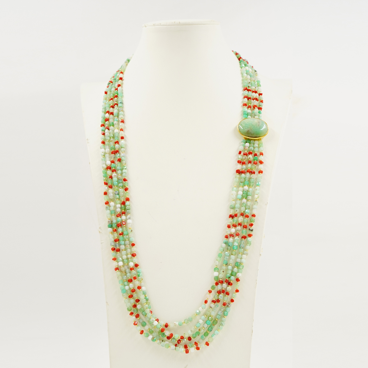 Collana crisoprasio, corallo, chiusura argento