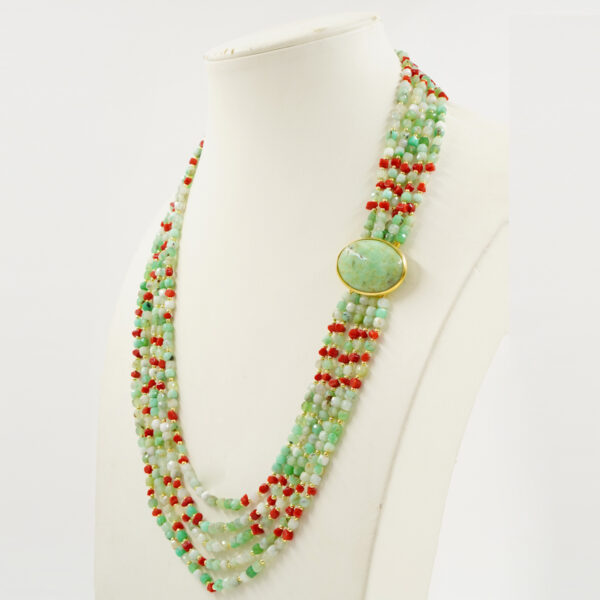 Collana crisoprasio, corallo, chiusura argento
